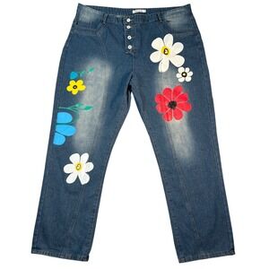 Misslook Jeans Painted Floral Button Fly Denim Art Relaxed Fit Y2K Plus Size 5XL